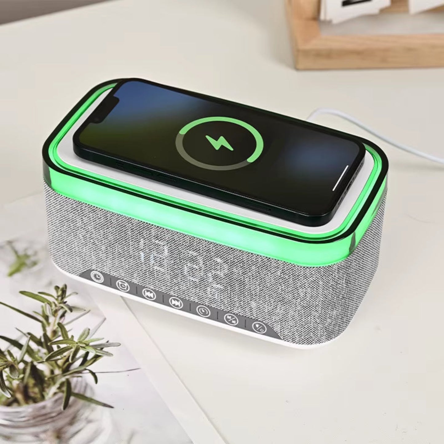Newest Creative Bluetooth Speakers Alarm Clock 15W Mobile Phone Wireless Charger BT5.3 Music Player with Colorful Night Light
