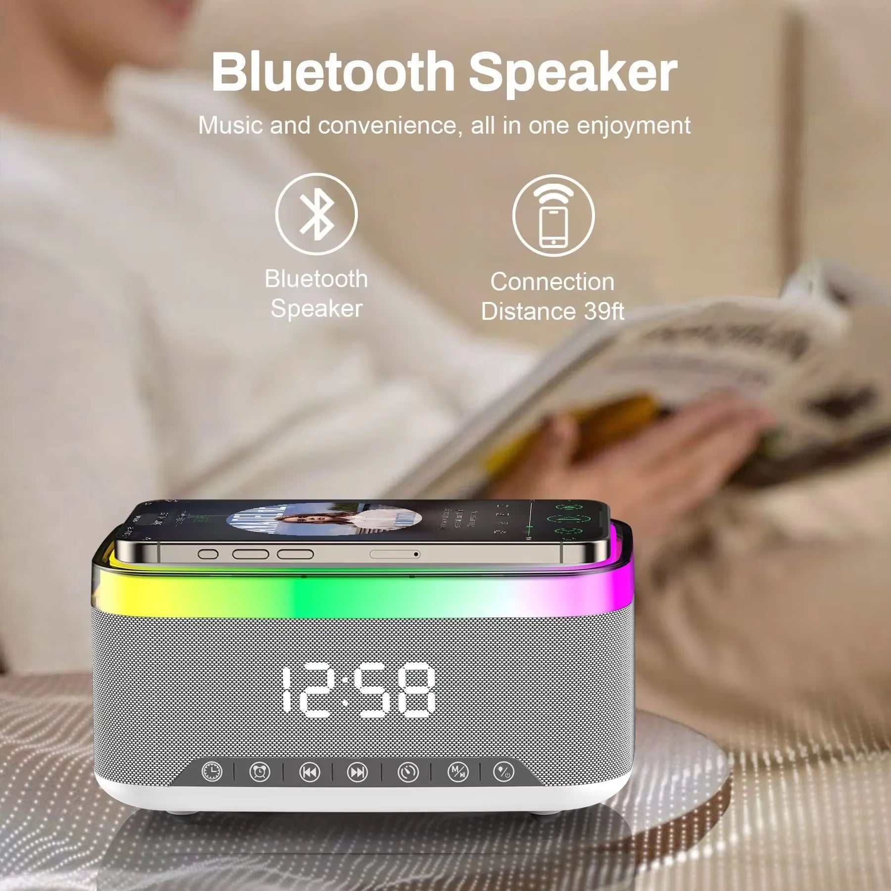 Newest Creative Bluetooth Speakers Alarm Clock 15W Mobile Phone Wireless Charger BT5.3 Music Player with Colorful Night Light