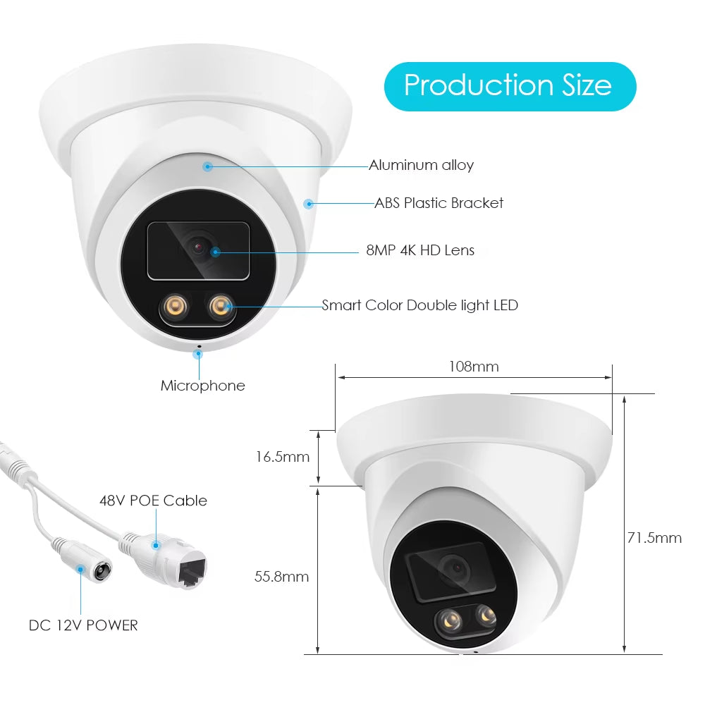 8MP 4K IP Camera Outdoor Face Detection Audio Dual Light H.265 Onvif CCTV Metal Dome POE Surveillance Security RTSP