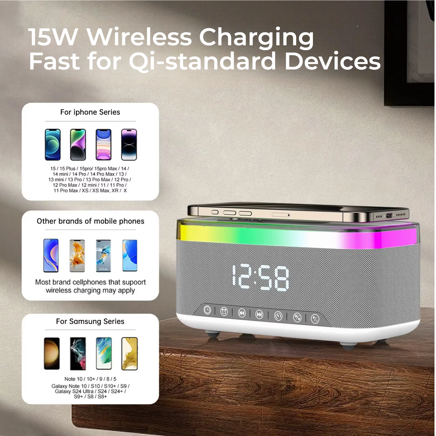Bluetooth Speaker Alarm Clock with Wireless Charger & Colorful Night Light