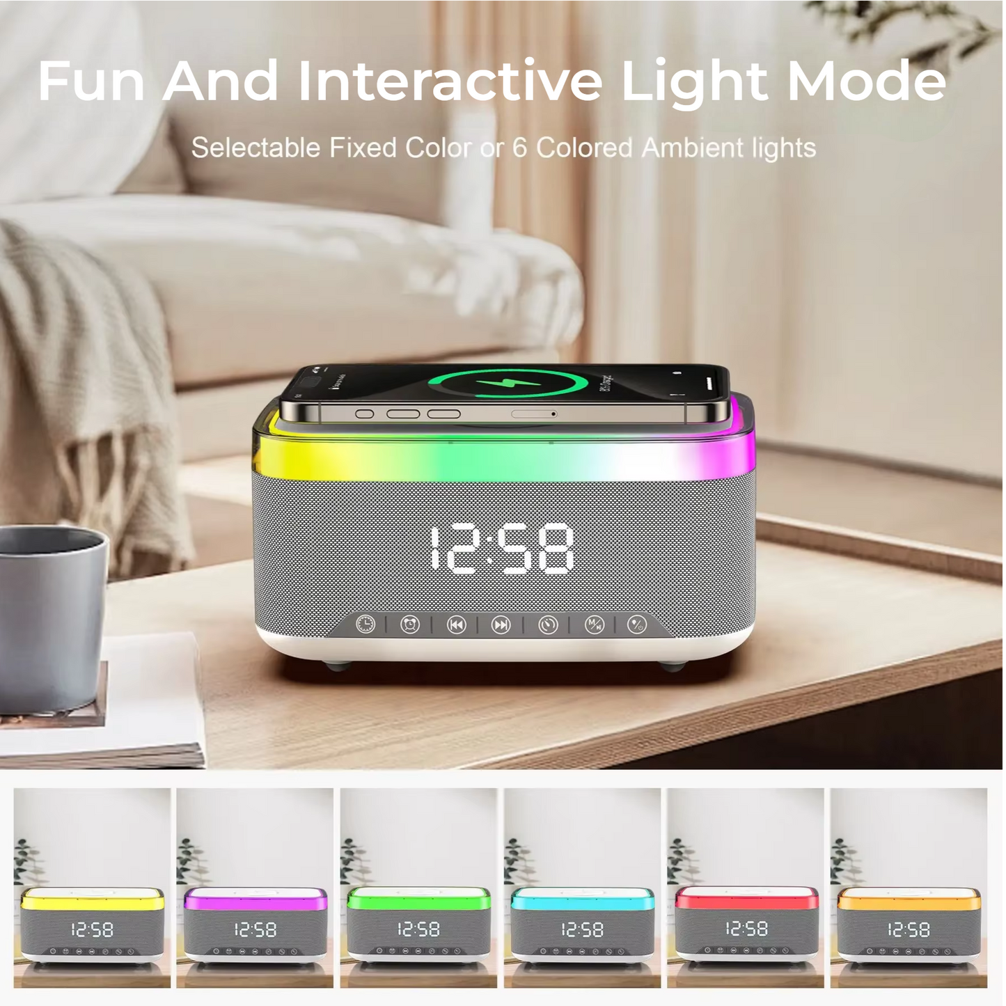 Bluetooth Speaker Alarm Clock with Wireless Charger & Colorful Night Light
