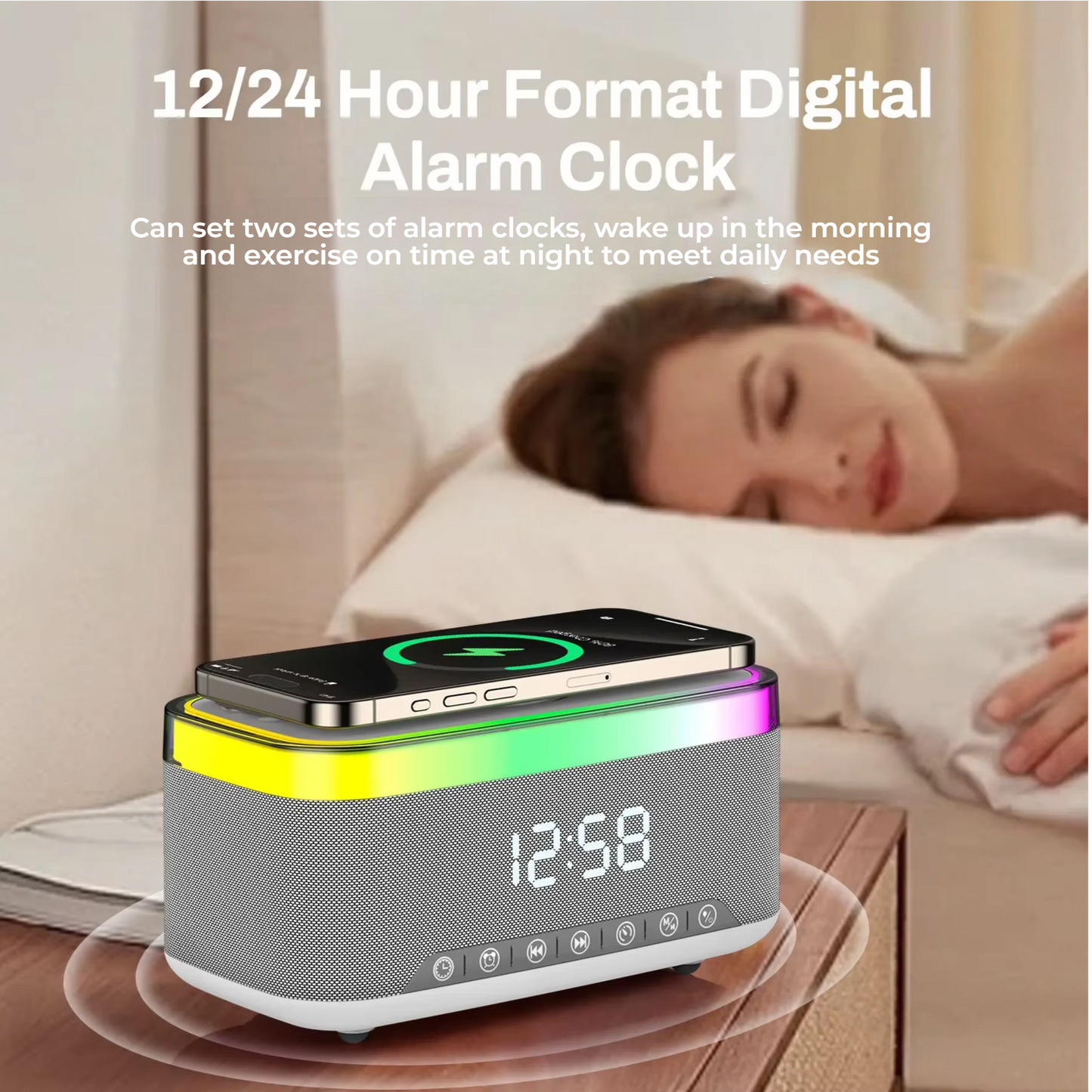 Bluetooth Speaker Alarm Clock with Wireless Charger & Colorful Night Light