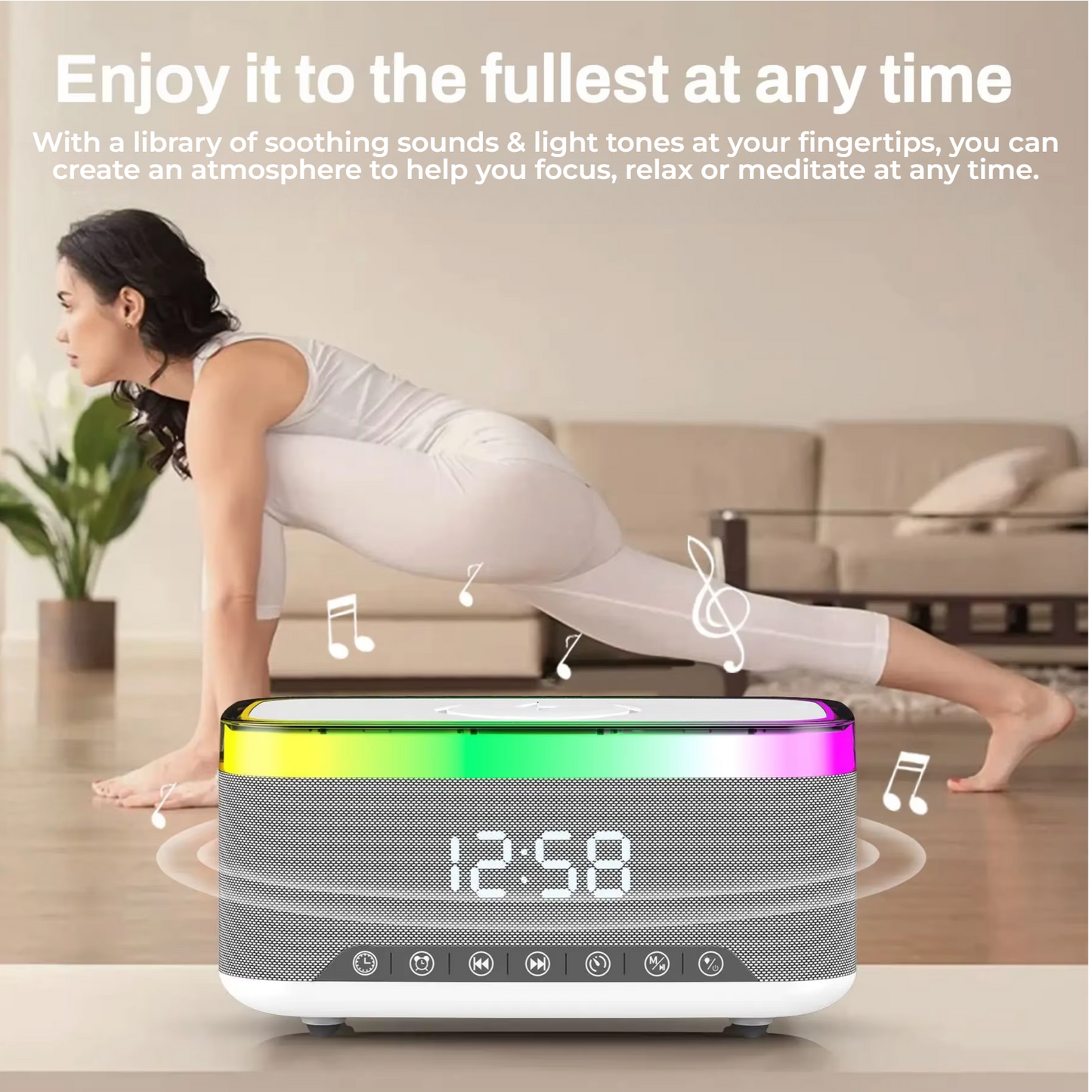 Bluetooth Speaker Alarm Clock with Wireless Charger & Colorful Night Light