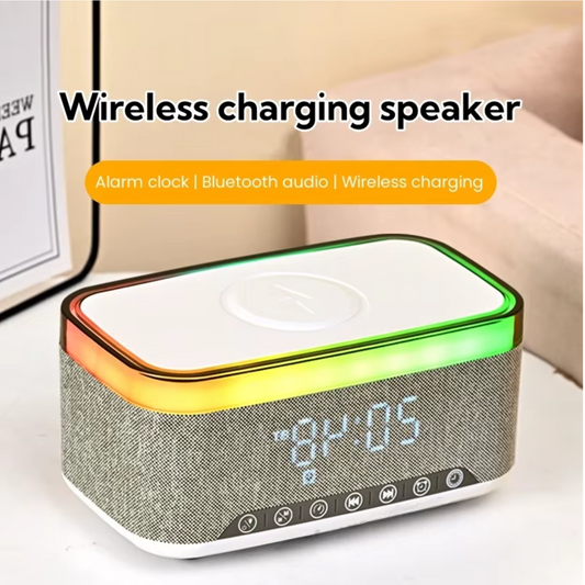Bluetooth Speaker Alarm Clock with Wireless Charger & Colorful Night Light