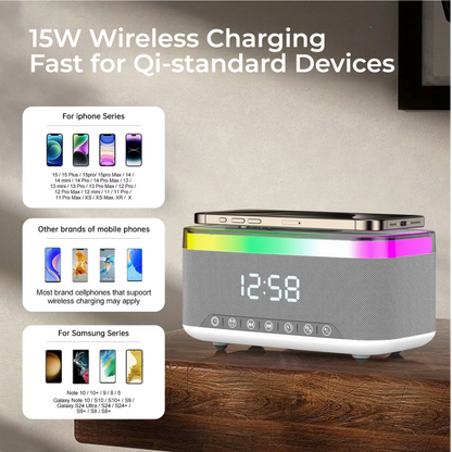Bluetooth Speaker Alarm Clock with Wireless Charger & Colorful Night Light