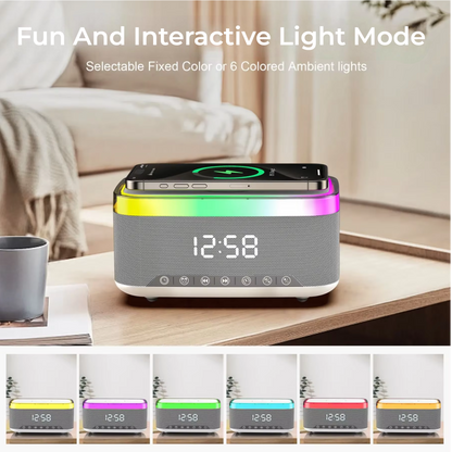 Bluetooth Speaker Alarm Clock with Wireless Charger & Colorful Night Light